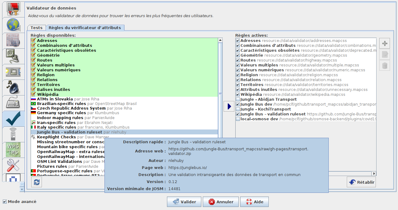 Activer les validateurs Jungle Bus de JOSM