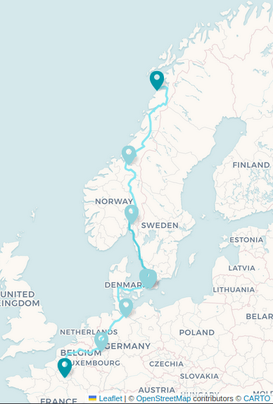 cartographie du trajet entre Bodø et Paris 