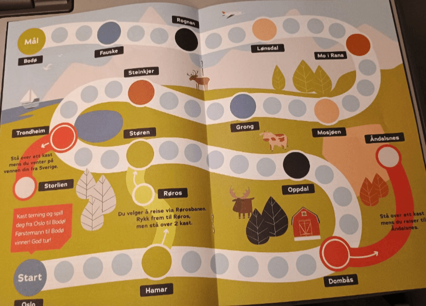 photo d'une page du livret de jeux pour enfants de SJ Nord, illustrant les étapes de la ligne de train entre Bodø et Oslo