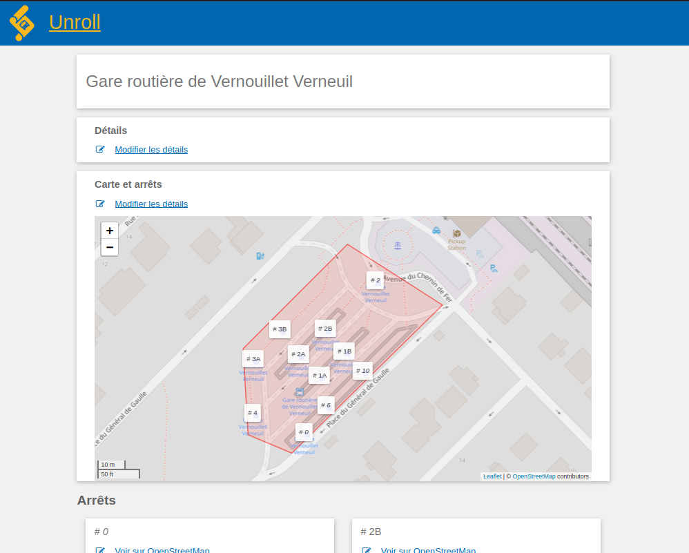 Capture d'écran du site Unroll, avec la carte de la gare routière