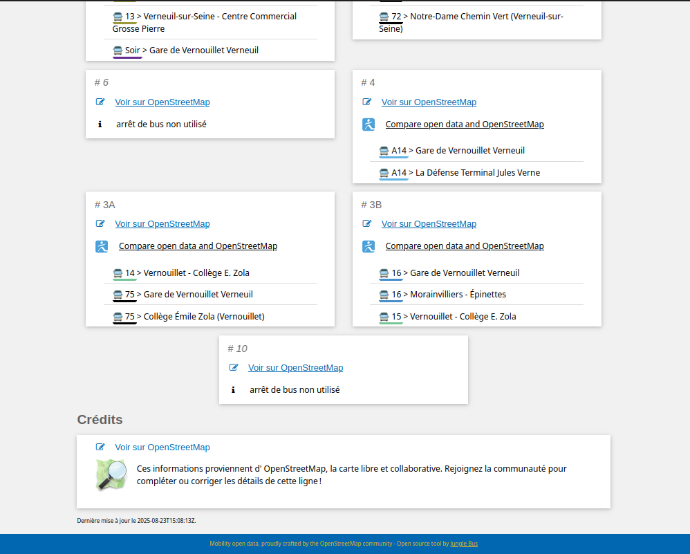 Capture d'écran du site Unroll, avec le détail de quelques arrêts