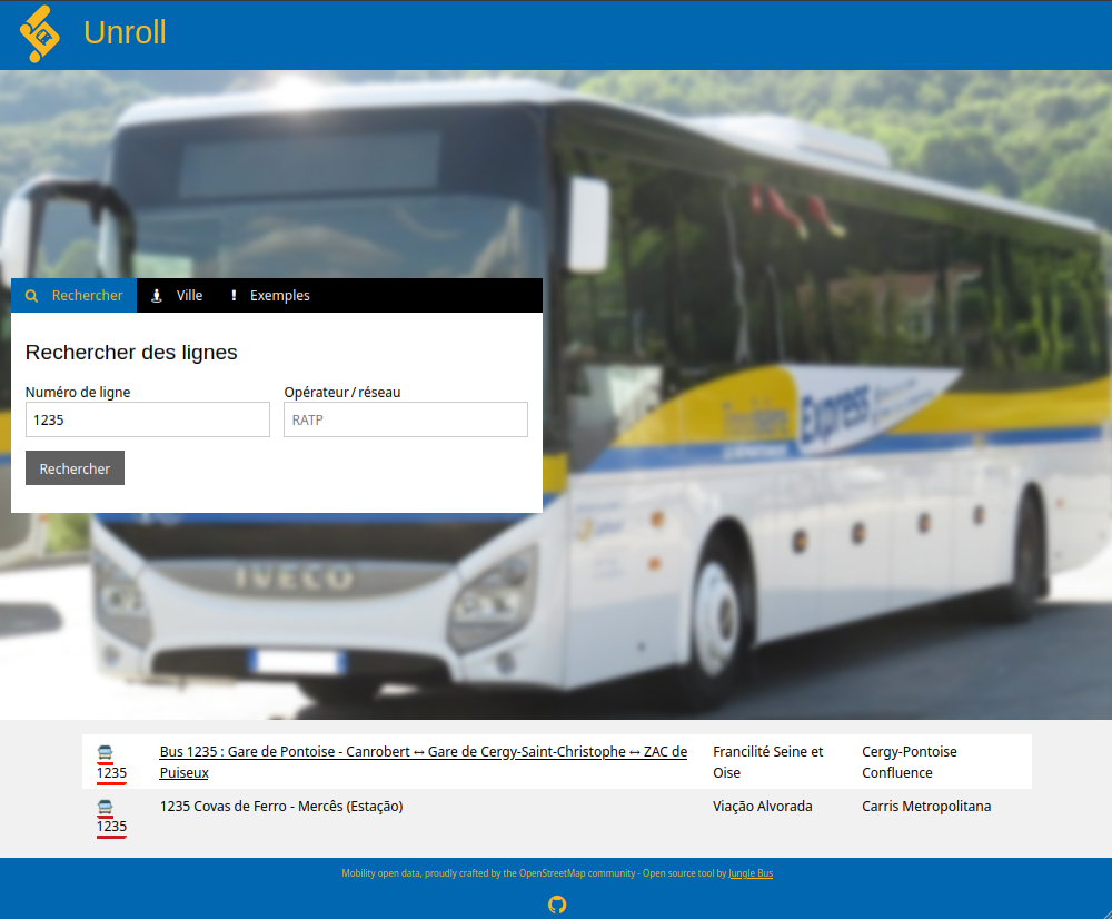 Capture d'écran du site Unroll avec la recherche de la ligne 1235 dans OSM